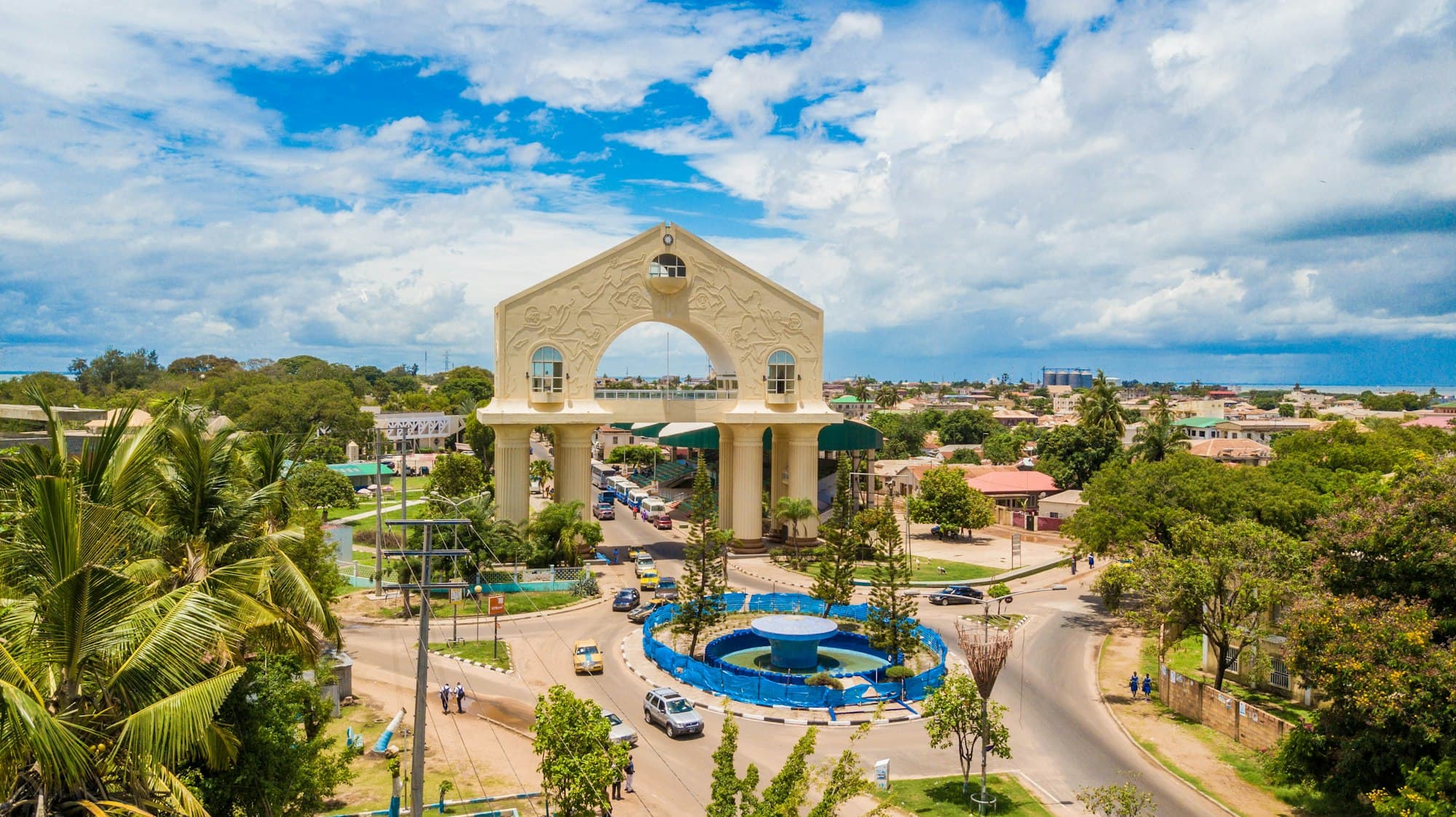 Arch 22 and its gardens in Banjul, The Gambia, from the air